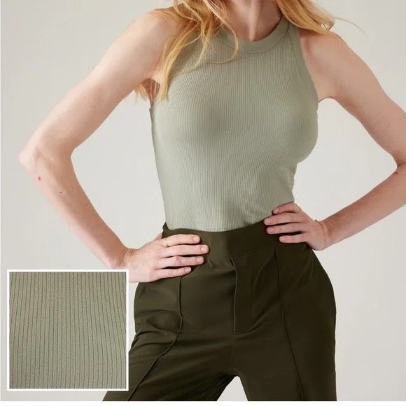 ATHLETA Women’s Sage Green Renew Seamless Ribbed High Neck Racerback Tank Size L - Picture 2 of 7